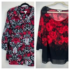 Bundle of 2 Plus Size Blouses Womens 3X Red Black Floral Goth Dark Romantic Love